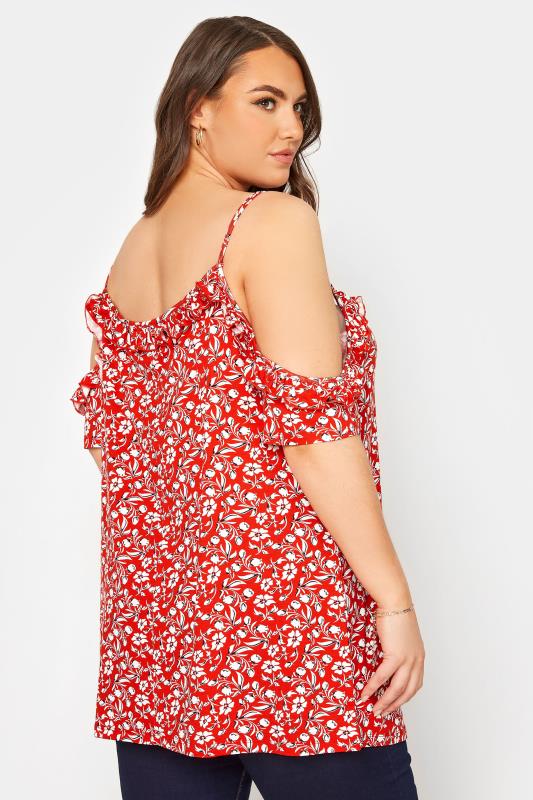 Plus Size Red Floral Print Frill Cold Shoulder Top | Yours Clothing 3