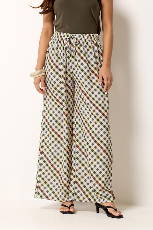 PixieGirl Petite Women's Natural Brown Gingham Wide Leg Trousers | PixieGirl 1