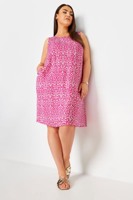 YOURS Plus Size Pink Ikat Print Swing Dress | Yours Clothing 1