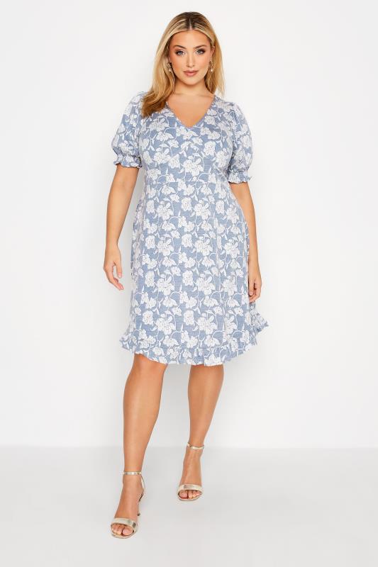 Plus Size Blue Floral V-Neck Midi Dress | Yours Clothing 1