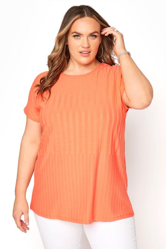 Plus Size  Coral Ribbed Short Sleeve Top
