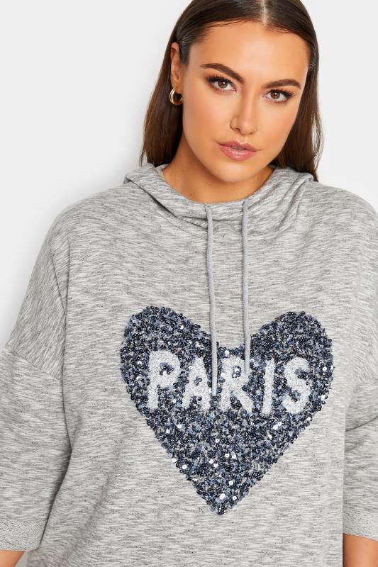 YOURS LUXURY Plus Size Curve Grey 'Paris' Glitter Heart Hoodie | Yours Clothing  1