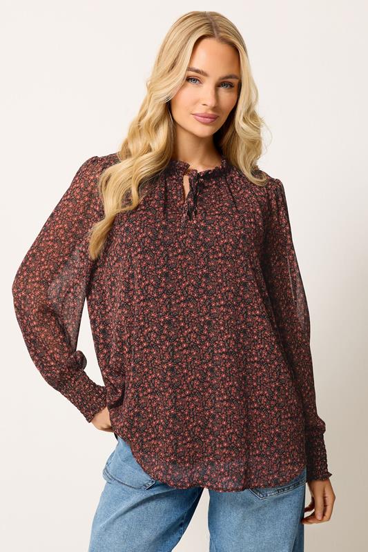  M&Co Black & Red Floral Tie Neck Blouse