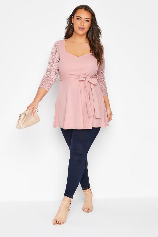 YOURS LONDON Plus Size Pink Lace Sequin Sleeve Peplum Top | Yours Clothing  2