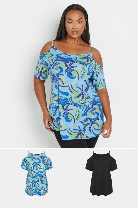  Tallas Grandes YOURS Curve 2 PACK Blue & Black Swirl Print Cold Shoulder Tops