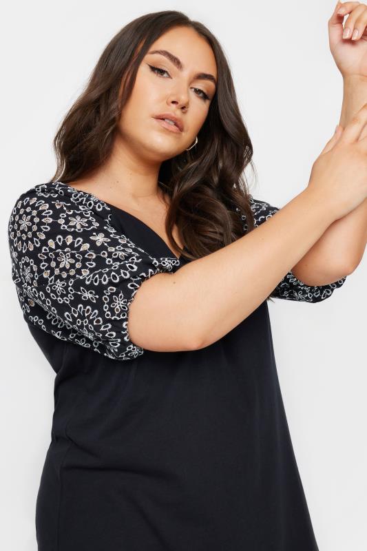YOURS Plus Size Black Broderie Anglaise Sleeve T-Shirt | Yours Clothing 4