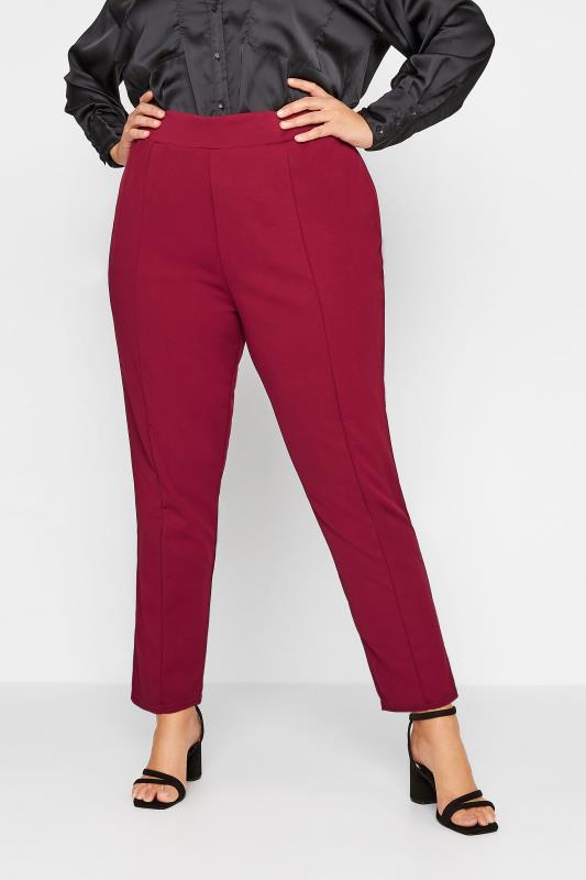 Plus Size  Curve Wine Red Stretch Tapered Trousers - Petite