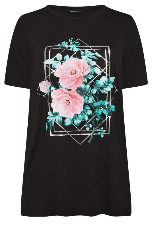 YOURS Curve Plus Size Black Floral Foil Print T-Shirt | Yours Clothing  6