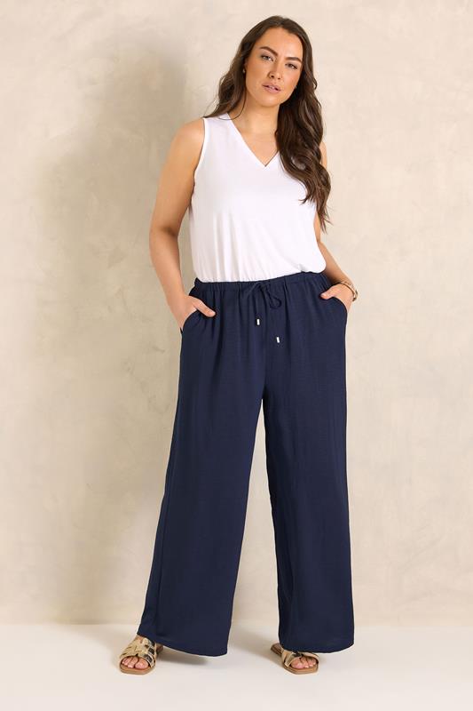 EVANS Plus Size Navy Blue Tie Waist Wide Leg Trousers | Evans  1