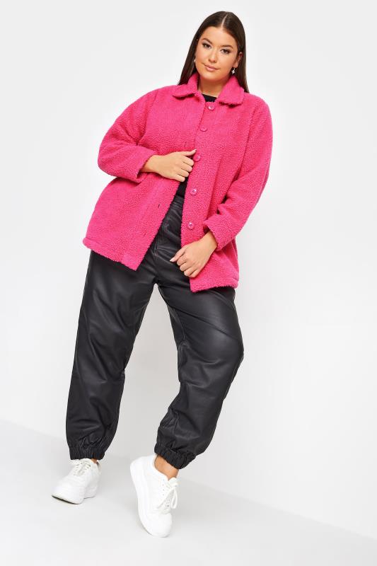 YOURS Plus Size Hot Pink Teddy Fleece Jacket | Yours Clothing 2