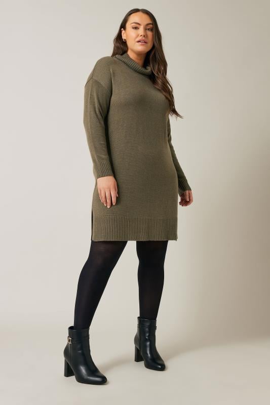 Evans Khaki Green Knitted Roll Neck Jumper Dress 3