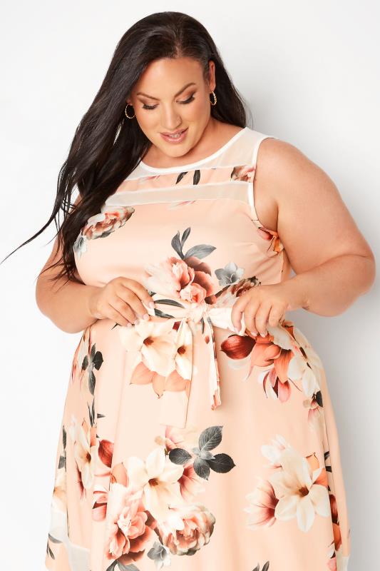 YOURS LONDON Plus Size Pink Floral Mesh Panel Skater Dress | Yours Clothing 4