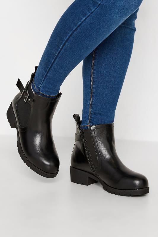 Petite  Yours Black Buckle Ankle Boots In Extra Wide EEE Fit