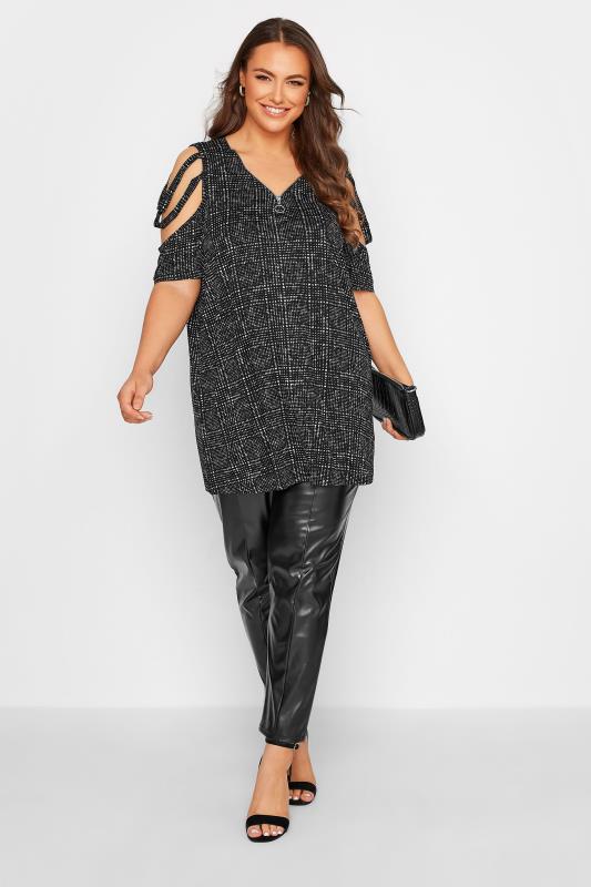 Plus Size Black Checked Zip Neck Cold Shoulder Top | Yours Clothing  3