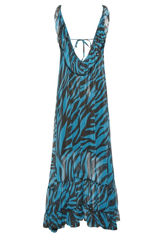 LTS Tall Women's Blue Animal Print Shimmer Frill Detail Maxi Dress | Long Tall Sally 8