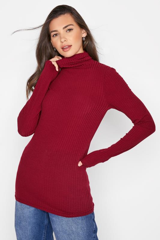 LTS Tall Burgundy Red Ribbed Roll Neck Top 1