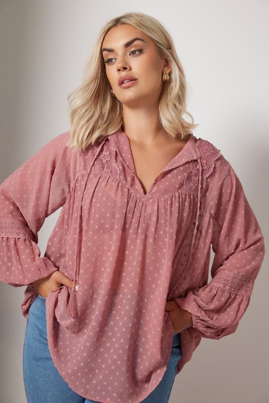  Grande Taille YOURS Curve Pink Lace Detail Dobby Blouse