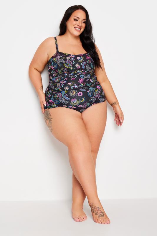 YOURS Plus Size Black Floral Paisley Print Tummy Control Swimsuit | Yours Clothing 5