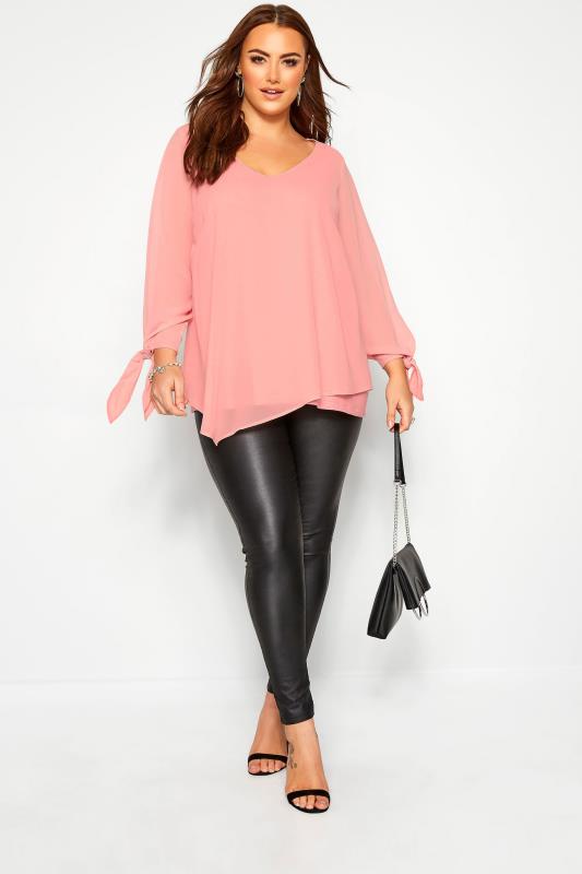YOURS LONDON Plus Size Pink Chiffon Tie Sleeve Blouse | Yours Clothing 2