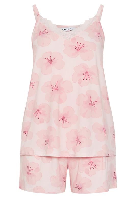 YOURS Plus Size Pink Hibiscus Soft Touch Pyjama Set | Yours Clothing 5