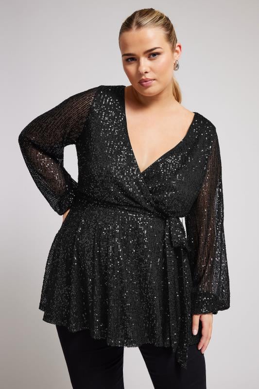 YOURS LONDON Plus Size Black Wrap Sequin Top | Yours Clothing 1