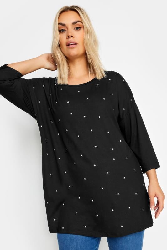 Plus Size  YOURS Curve Black Star Embellished Swing Top