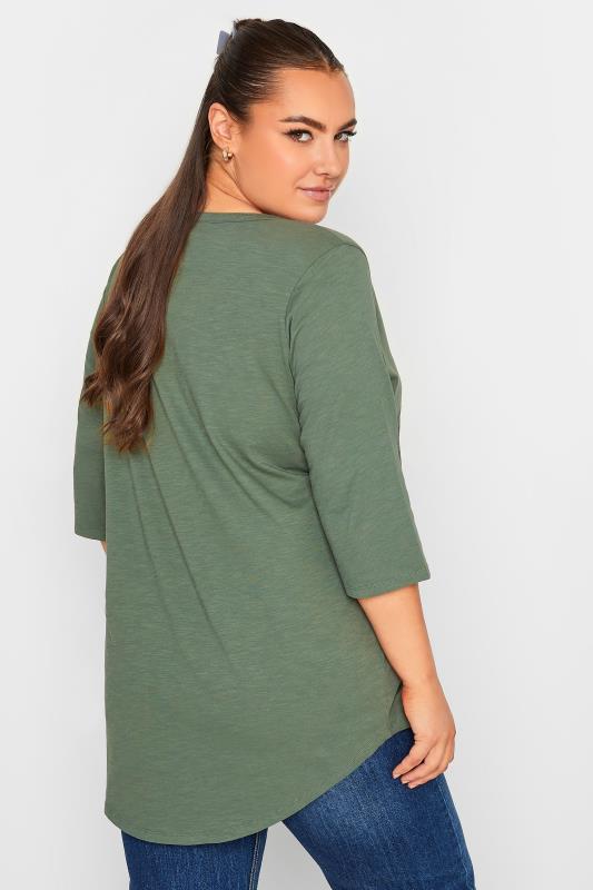 Plus Size YOURS Khaki Green Pintuck Button Henley T-Shirt | Yours Clothing 3