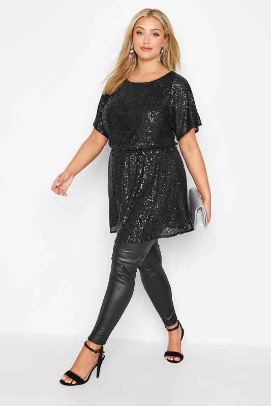YOURS LONDON Plus Size Black Sequin Embellished Peplum Top | Yours Clothing 2