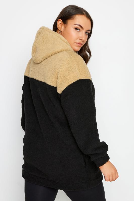 YOURS Plus Size Black & Brown Colour Block Teddy Hoodie | Yours Clothing 3