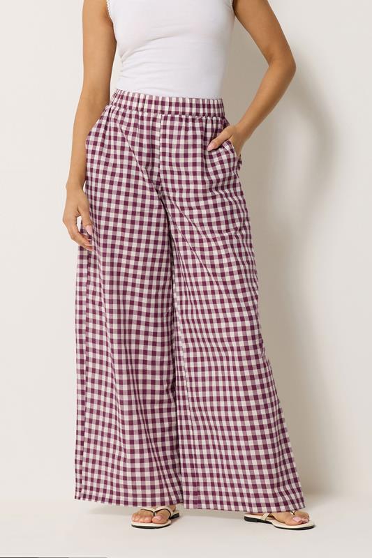 PixieGirl Petite Women's Burgundy Red Gingham Cotton Wide Leg Trousers | PixieGirl 1