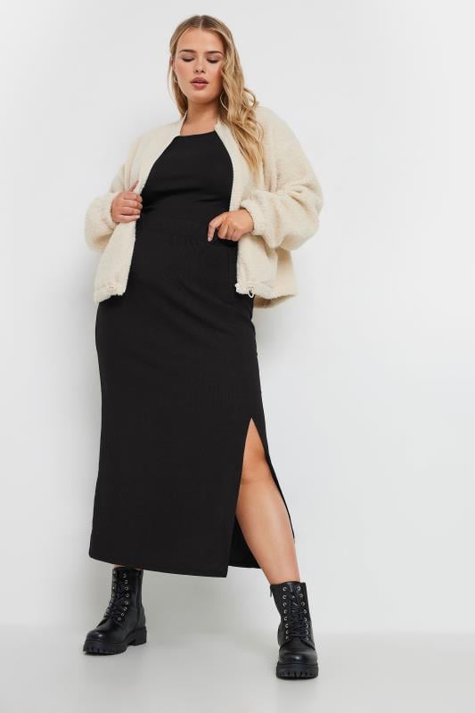 YOURS Plus Size Black Textured Side Split Maxi Skirt Yours Clothing