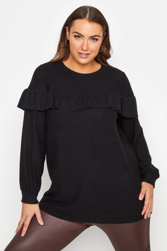 Plus Size  Black Frill Front Knitted Jumper