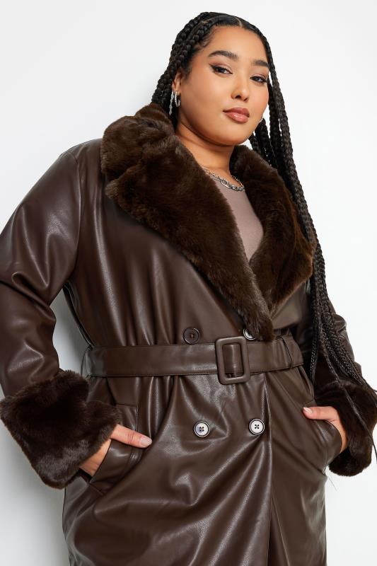 YOURS Plus Size Brown Faux Fur Trim Trench Coat | Yours Clothing 4