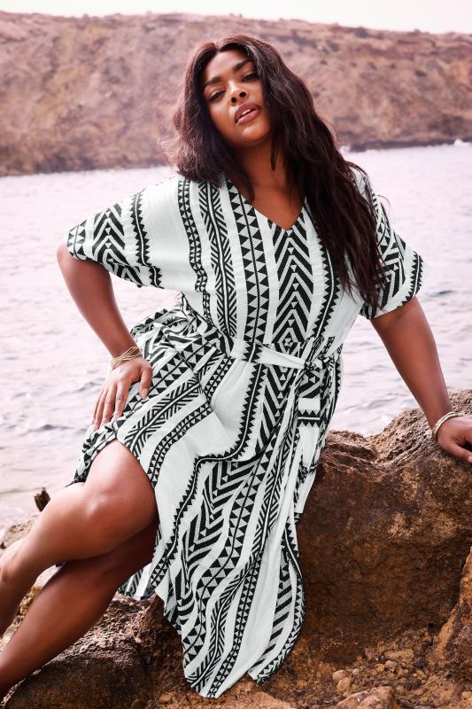 Plus Size  YOURS Curve Black & White Aztec Print Embroidered Maxi Dress
