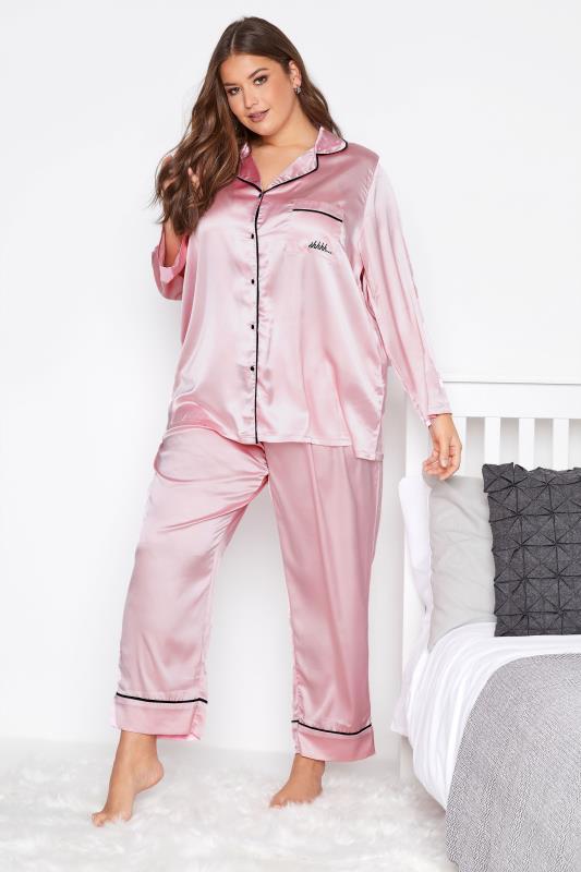 Plus Size  Curve Pink Contrast Piping Satin Pyjama Set