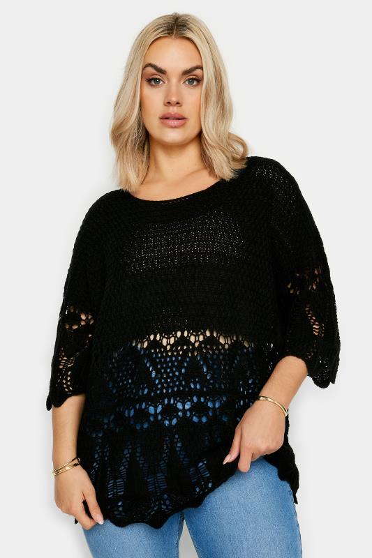 YOURS Plus Size Black Crochet Detail Jumper | Yours Clothing 1