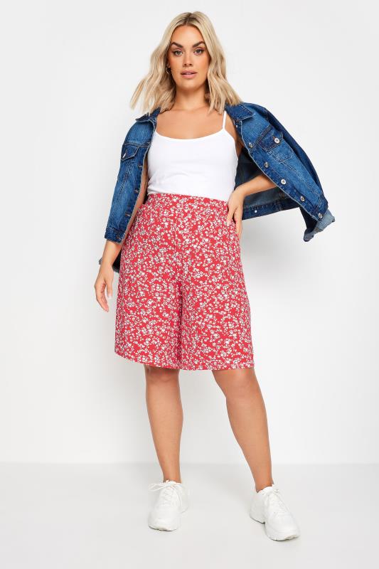 YOURS Plus Size Pink Ditsy Floral Print Pull On Shorts | Yours Clothing 2