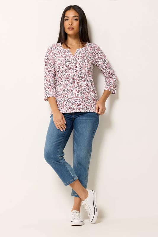 M&Co Petite Pink & White Floral Cotton Henley Top | M&Co 1