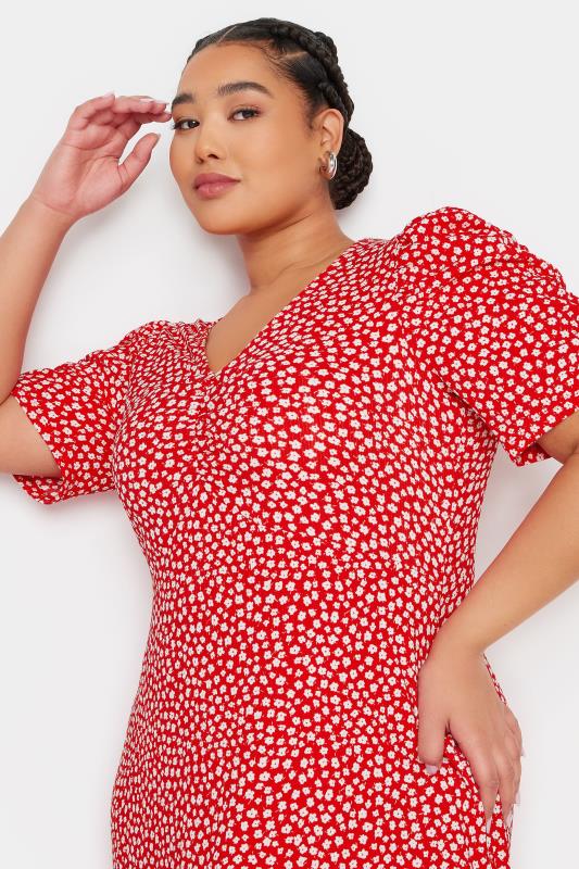 YOURS Plus Size Red Floral Print Textured Milkmaid Dress | Yours Clothing 4