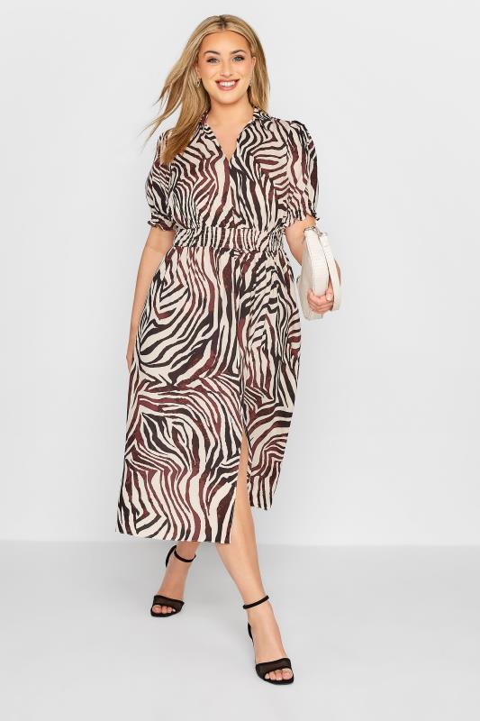  dla puszystych YOURS LONDON Curve Beige Brown Zebra Print Shirred Waist Dress