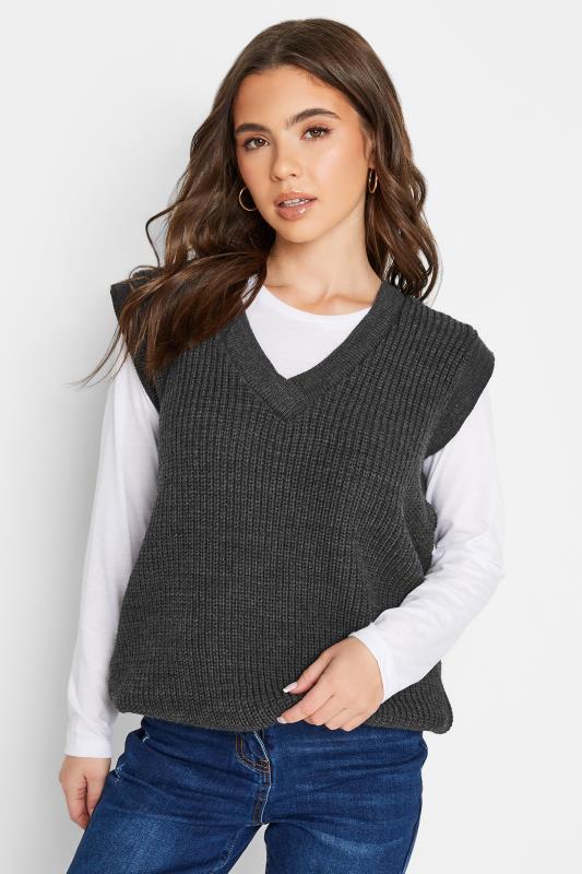 Petite Charcoal Grey Chunky V-Neck Knitted Vest Top | PixieGirl 1