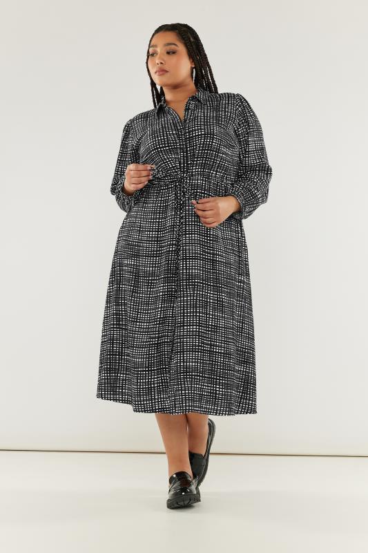 YOURS Plus Size Black & White Grid Check Print Midaxi Shirt Dress | Yours Clothing 1