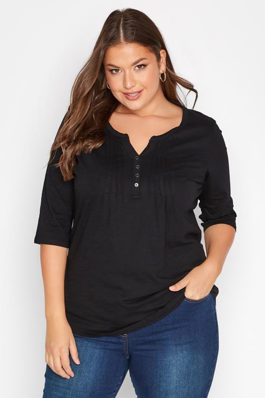 Jersey Tops dla puszystych YOURS FOR GOOD Curve Black Pintuck Button Henley T-Shirt