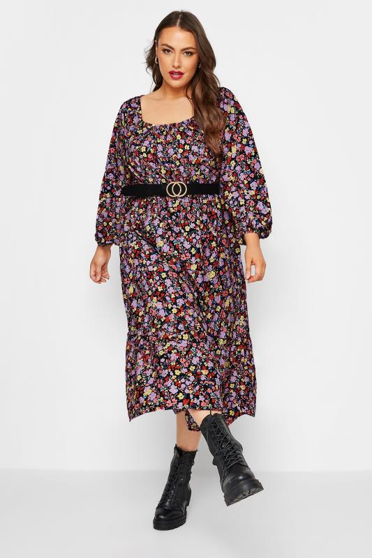 Plus Size Black Ditsy Print Balloon Sleeve Midaxi Dress | Yours Clothing 2