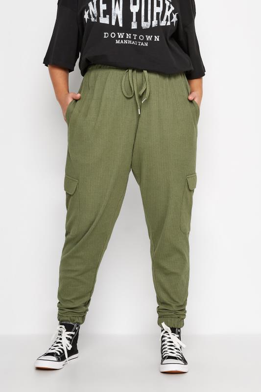Plus Size Khaki Green Ribbed Cargo Joggers | Yours Clothing 1