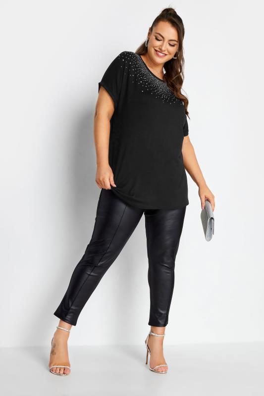 Plus Size Black Stud Embellished Grown On Sleeve T-Shirt | Yours Clothing 2