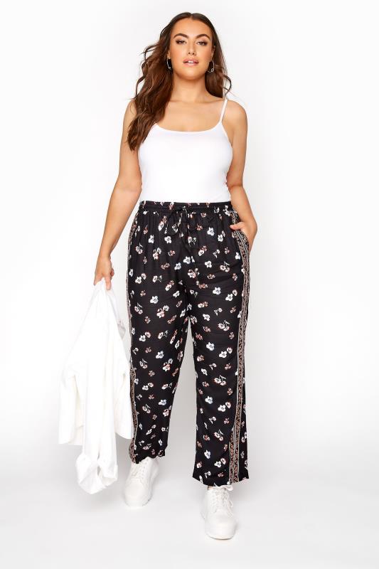 Curve Black Floral Stripe Tapered Trousers 2