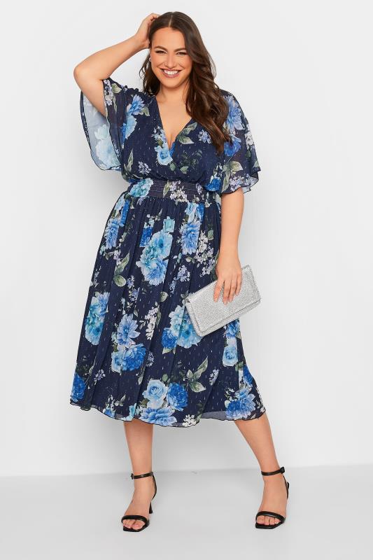YOURS LONDON Plus Size Blue Floral Angel Sleeve Wrap Dress | Yours Clothing  1