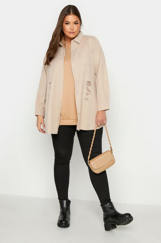 Plus Size Beige Brown Distressed Denim Shirt | Yours Clothing 2