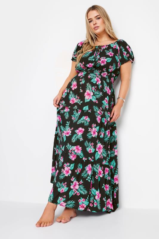 YOURS Plus Size Black Floral Tropical Print Bardot Maxi Dress | Yours Clothing 1
